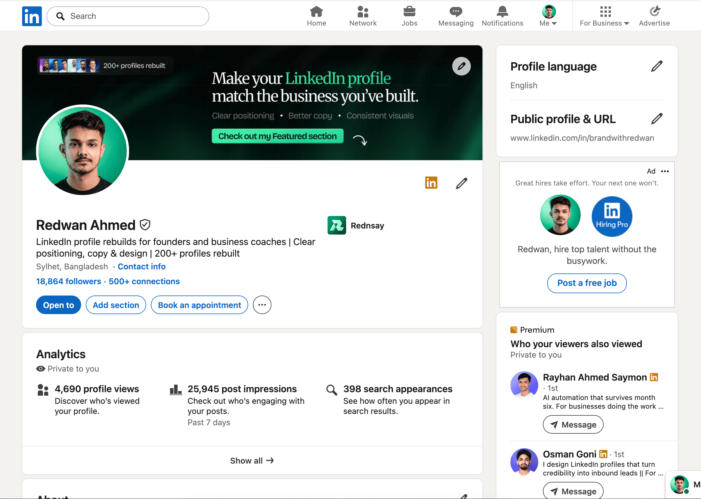 Redwan Ahmed’s LinkedIn profile with 18,864 followers and a banner about profile rebuilds for founders and business coaches.